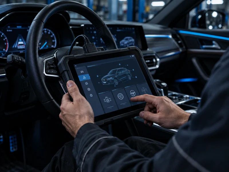 Technician using a diagnostic tablet inside a vehicle
