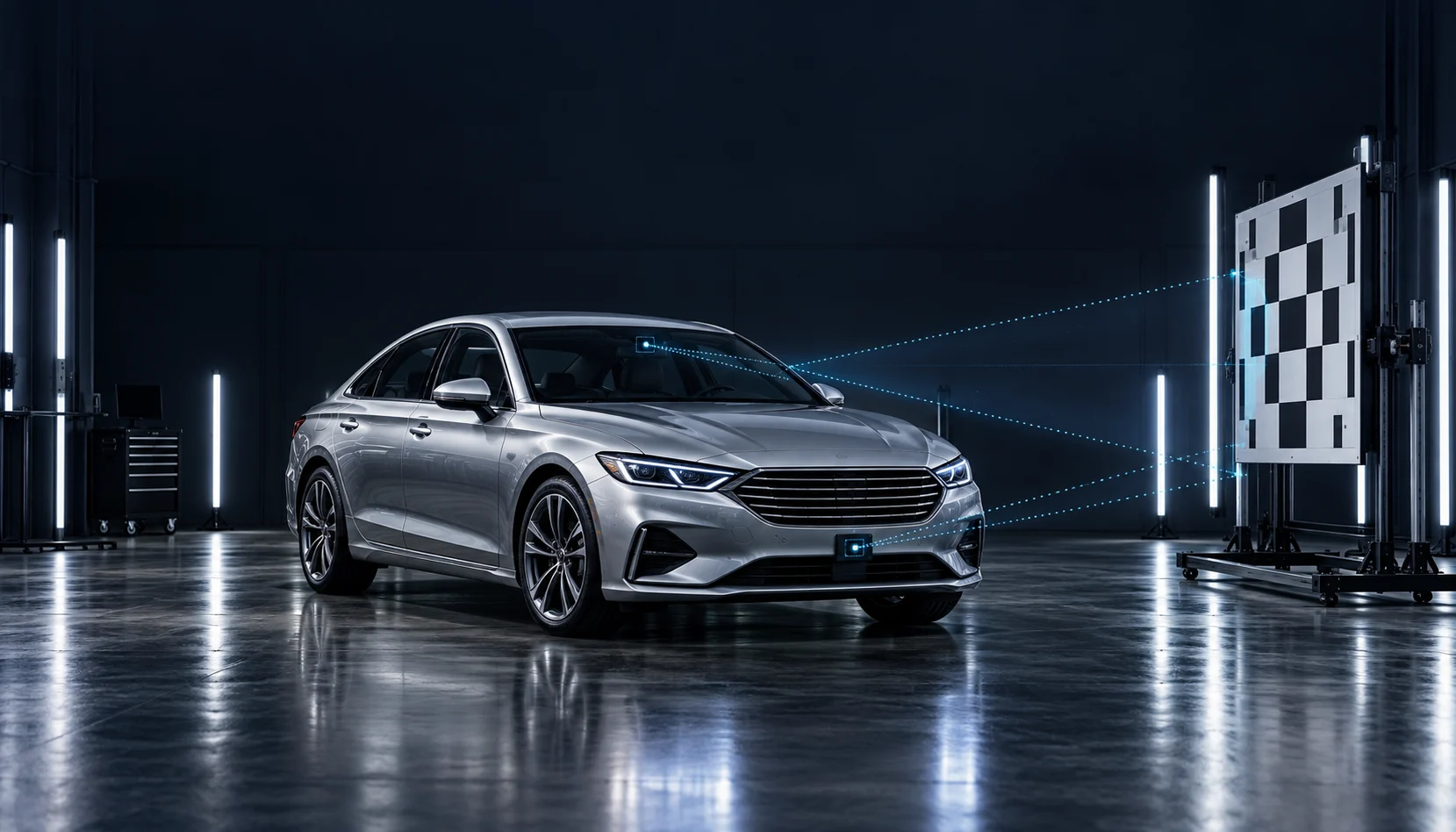 Silver sedan in a dark calibration studio beside a camera calibration target