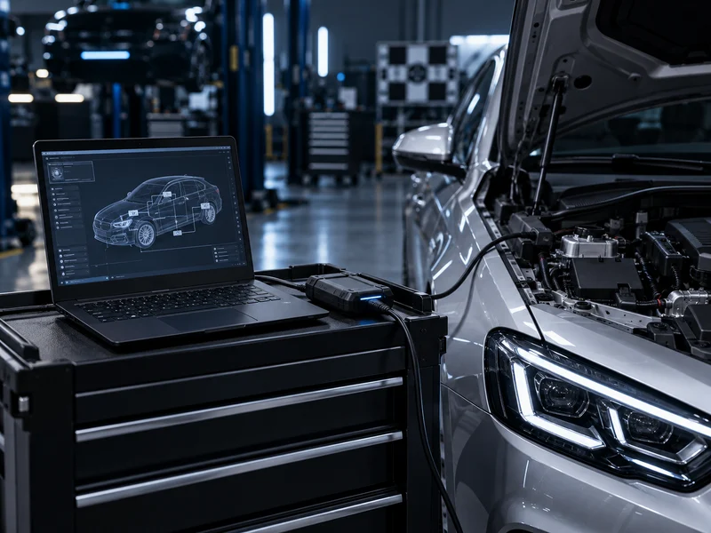Diagnostic laptop beside a vehicle in a workshop